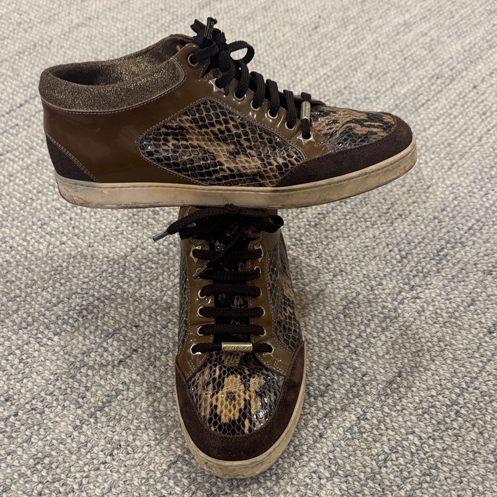 Jimmy Choo Brown and Bronze Snakeskin Sneakers